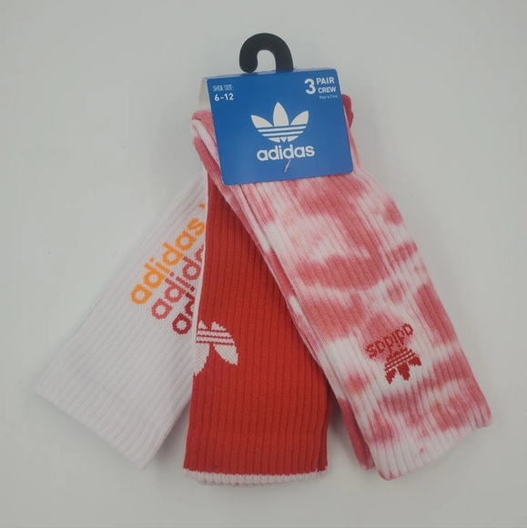 3 Pair Adidas Crew Socks, Men's Shoe Size 6-12, Red, White, Tie Dye - Picture 2 of 8